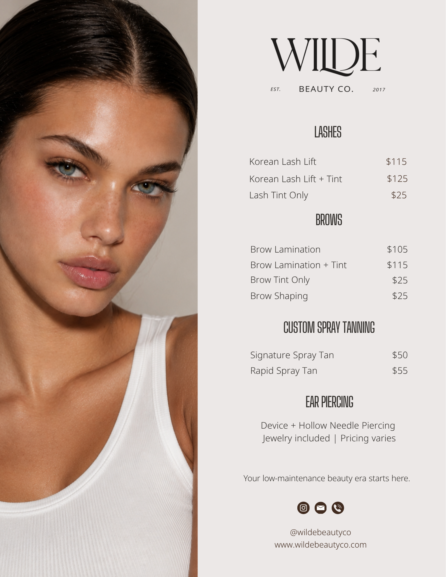 Wilde Beauty Co. beauty services and pricing in Mission Hills San Diego including Korean lash lifts, brow lamination, spray tanning and ear piercing.